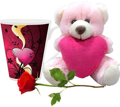

Homesogood Valentine's Day Floral Art Coffee With Teddy & Red Rose Ceramic Mug(355 ml, Pack of 3)