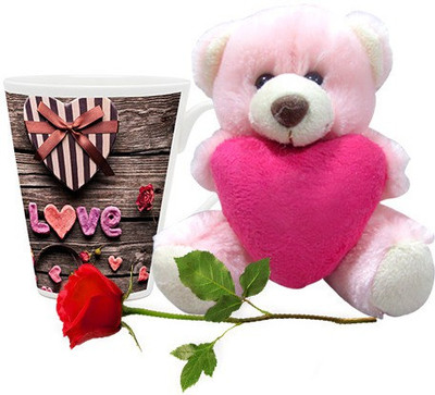 

Homesogood Gift For My Valentine Coffee With Teddy & Red Rose Ceramic Mug(355 ml, Pack of 3)