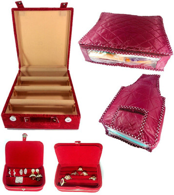 

Addyz combo of 3 Rod Wooden BangleBox, Earring, Ring box with 1 saree 1 blouse cover. Jewellery Vanity Box(Red)