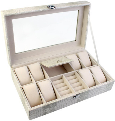 

BlushBees Leather Jewelry & Watch Box Organizer with Latch Lock & Clear Top - Organiser Vanity Box(Off White)