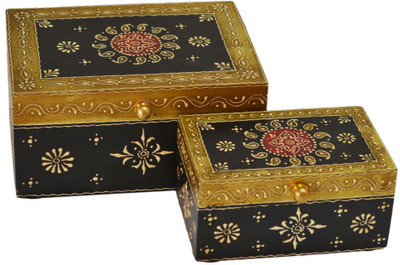 Artlivo Embossed Makeup and Jewellery Vanity Box(Black, Gold)