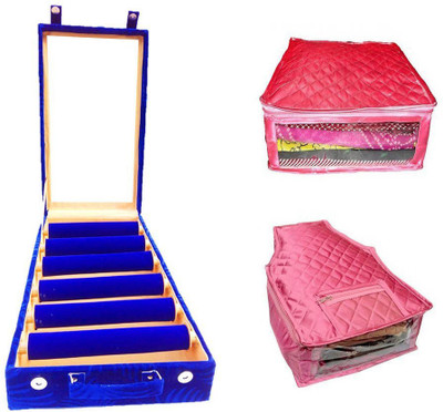 

Atorakushon Set of 6 roll rod wooden Bangles with 1 Saree & Blouse Cover Jewellery Box Storage Case Vanity Box(Blue)
