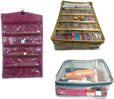 

Addyz Combo 5 Rod Satin Bangle Case with 1 watch cover and 1 transparent hankey cover jewellery Vanity Box(Gold)