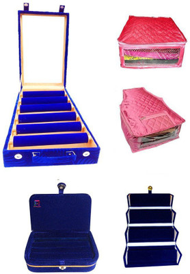 

Atorakushon Set of 6 roll rod wooden Bangles with Ring Earrings Jewellery Box & 1 Saree & Blouse Cover Storage Case Vanity Box(Blue)