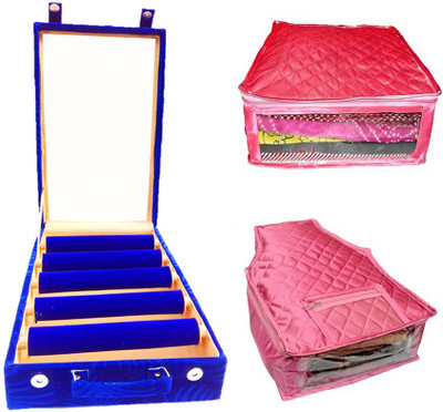 

Atorakushon Set of 5roll rod wooden Bangles 1 Saree & Blouse Cover Jewellery Box Storage Case Vanity Box(Blue)