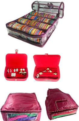 

Addyz combo of 4 Rod Bangle Bag, Earring, Ring box with 1 saree 1 blouse cover_Nonwoven jewellery Vanity Box(Purple, RED)