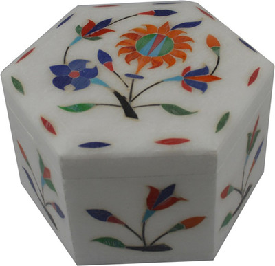 

Craftuno Handcrafted Hexagonal Marble Box With Inlay Work On All Sides Multipurpose Decorative Vanity Box(Multicolor)