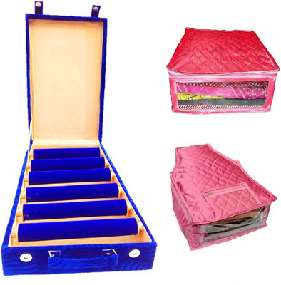 

Atorakushon Set of 6 roll rod wooden Bangles with 1 Saree & Blouse Cover Jewellery Box Storage Case Vanity Box(Blue)