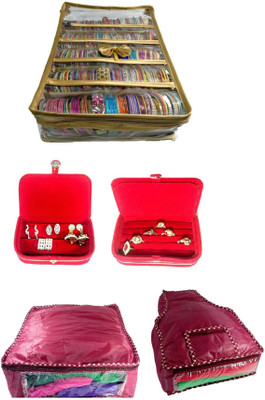

Addyz combo of 5 Rod Bangle Bag, Earring, Ring box with 1 saree 1 blouse cover_Nonwoven jewellery Vanity Box(Gold, Red)