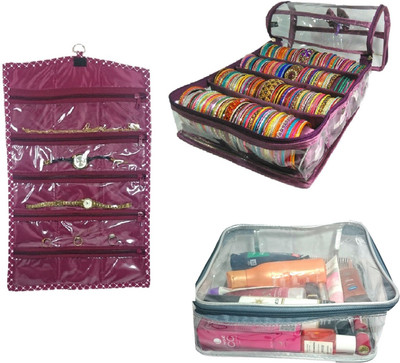 Addyz Combo 4 Rod Satin Bangle Case with 1 Watch Cover and 1 Transparent Hankey Cover Jewellery Vanity Box(Purple)