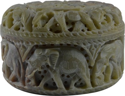 

Craftuno Handcrafted Round Soapstone Box With Elephant Carving Multipurpose Decorative Vanity Box(Multicolor)