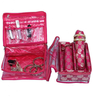 

Kuber Industries Make Up Kit & Two Rod Bangle Brocade Jewellery Vanity Box(Pink)