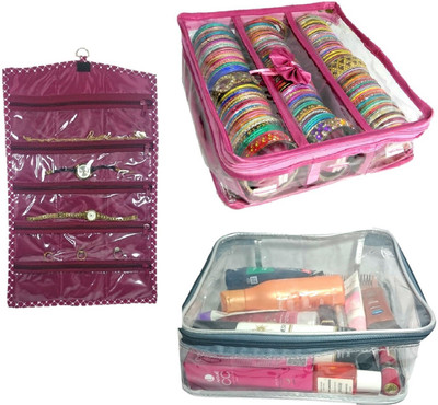 

Addyz Combo 3 Rod Satin Bangle Case with 1 watch cover and 1 transparent hankey cover jewellery Vanity Box(pink)