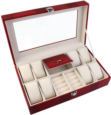 

BlushBees Leather Jewelry & Watch Box Organizer with Latch Lock & Clear Top - Organiser Vanity Box(Red)