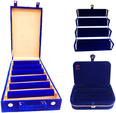 

Atorakushon Set of 6 roll rod wooden Bangles with 1 Ring & Earrings Jewellery Box Storage Case Vanity Box(Blue)