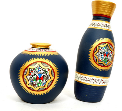 

Indikala Terracotta Handpainted Warli Vase Set Terracotta Vase(9 inch, Blue)