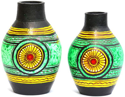 

Art Godaam Hand painted Combo Terracotta Vase(6 inch, Green)