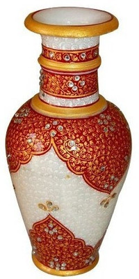 

Shreeng Red Embossed Marble Painting Gold Plated Vase(9 inch, Multicolor)