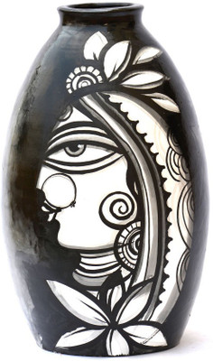 

Art Godaam Hand painted Terracotta Vase(9 inch, Black, White)