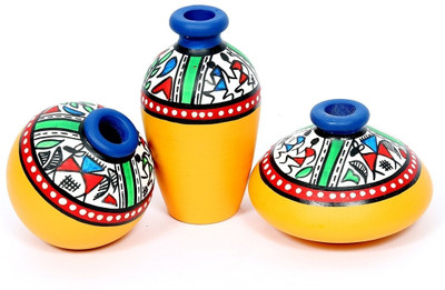 

Indikala Yellow Terracotta Warli Handpainted Miniature Pots : Set Of 3 Terracotta Vase(4.1 inch, Yellow)