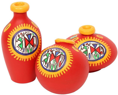 

Indikala Red Terracotta Warli Handpainted Miniature Pots : Set Of 3 Terracotta Vase(4.1 inch, Red)