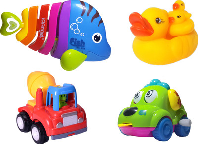 

Toys spot premium quality unbreakable 4 in 1 combo (fish;friction car;swan set;Dog car)(Multicolor)
