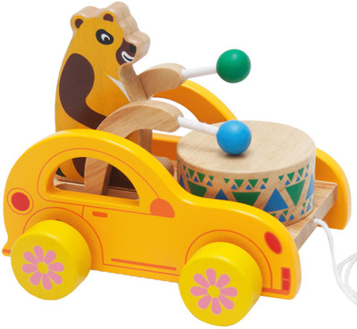 

Emob Wooden Bear Knock the Drum Walk-A-Long Push and Pull Toy for Toddlers(Multicolor)