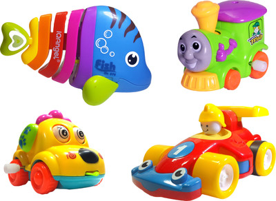 

Toys spot Premium Quality Unbreakable 4 in one combo (Fish;Train;Dog Car;Race Car)(Multicolor)