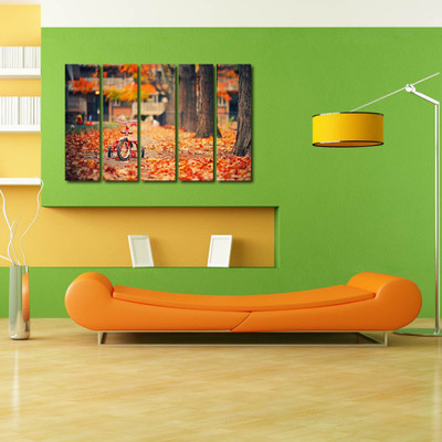 34% OFF on 999 Store Multiple Frames Printed Flower Leaves like Modern Wall Art Painting - 5 Frames (148 X 76 Cms)(Multicolor)