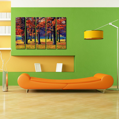 34% OFF on 999 Store Multiple Frames Printed Forest Trees like Modern Wall Art Painting - 5 Frames (148 X 76 Cms)(Multicolor)