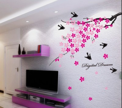 Oren Empower Moment of fun with flying birds large wall sticker with beautiful flowers(1.2 m X 0.8 m, Pink, Black)