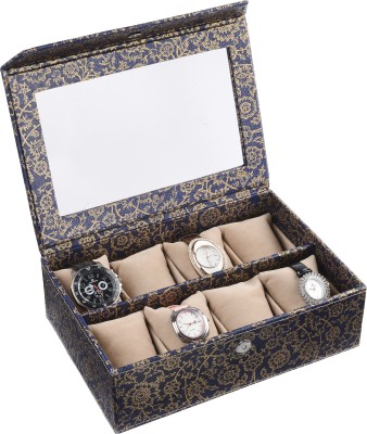 Eco-Leatherette Handcrafted Watch Box(Blue:Gold, Holds 8 Watches)   Watches  (Eco-Leatherette)