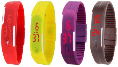

NS18 Silicone Led Magnet Band Combo of 4 Red, Yellow, Purple And Brown Watch - For Boys & Girls