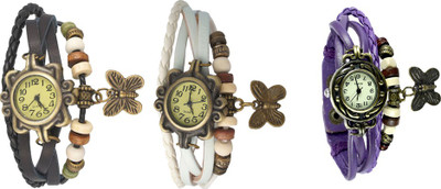 

Kissu Vintage Rakhi Watch Combo of 3 Black, White And Purple Watch - For Women