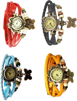 

Kissu Vintage Rakhi Combo of 4 Red, Sky Blue, Black And Yellow Watch - For Women