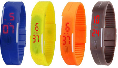 

NS18 Silicone Led Magnet Band Combo of 4 Blue, Yellow, Orange And Brown Watch - For Boys & Girls