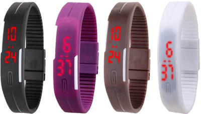 Kissu Led Magnet Band Combo of 4 Black, Purple, Brown And White Watch - For Men & Women