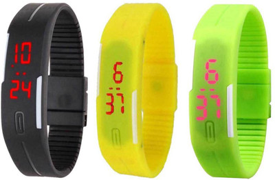 NS18 Silicone Led Magnet Band Combo of 3 Black, Yellow And Green Watch - For Boys & Girls