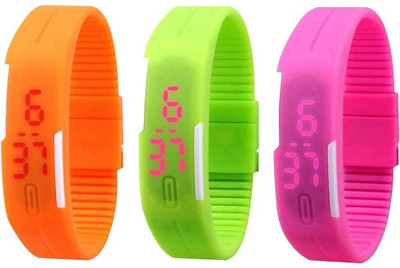 NS18 Silicone Led Magnet Band Combo of 3 Orange, Green And Pink Digital Watch  - For Boys & Girls   Watches  (NS18)