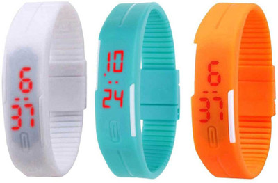 

NS18 Silicone Led Magnet Band Combo of 3 White, Sky Blue And Orange Watch - For Boys & Girls