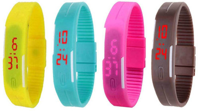

NS18 Silicone Led Magnet Band Combo of 4 Yellow, Sky Blue, Pink And Brown Watch - For Boys & Girls