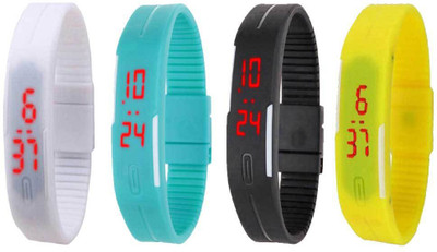 

NS18 Silicone Led Magnet Band Combo of 4 White, Sky Blue, Black And Yellow Watch - For Boys & Girls