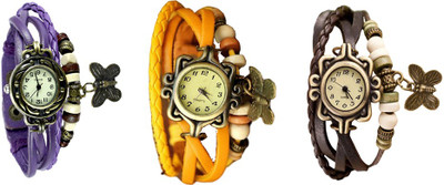 

NS18 Vintage Butterfly Rakhi Watch Combo of 3 Purple, Yellow And Brown Watch - For Women