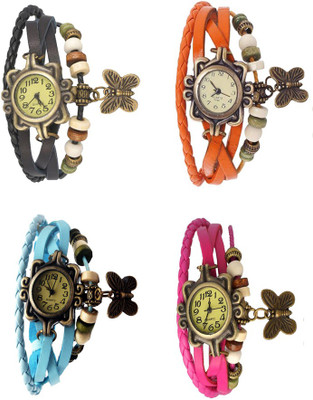 

Kissu Vintage Rakhi Combo of 4 Black, Sky Blue, Orange And Pink Watch - For Women