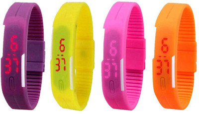 

NS18 Silicone Led Magnet Band Combo of 4 Purple, Yellow, Pink And Orange Watch - For Boys & Girls