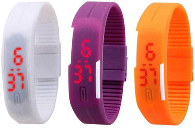

NS18 Silicone Led Magnet Band Combo of 3 White, Purple And Orange Watch - For Boys & Girls