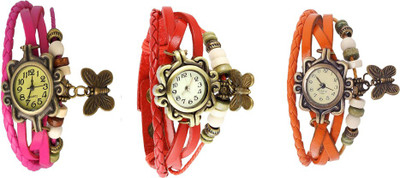

NS18 Vintage Butterfly Rakhi Watch Combo of 3 Pink, Red And Orange Watch - For Women