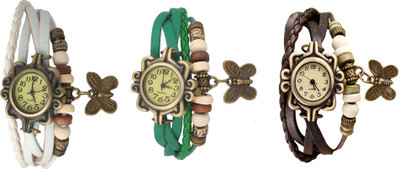 

Kissu Vintage Rakhi Watch Combo of 3 White, Green And Brown Watch - For Women