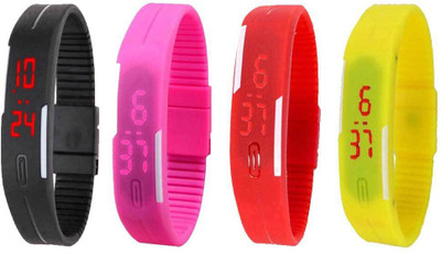 

NS18 Silicone Led Magnet Band Combo of 4 Black, Pink, Red And Yellow Watch - For Boys & Girls