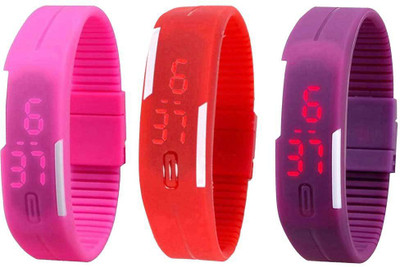 

NS18 Silicone Led Magnet Band Combo of 3 Pink, Red And Purple Watch - For Boys & Girls